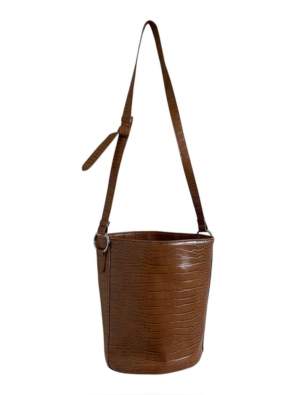 Urban Outfitters Brown Croc-Embossed Bucket Bag with Silver Ring Detail